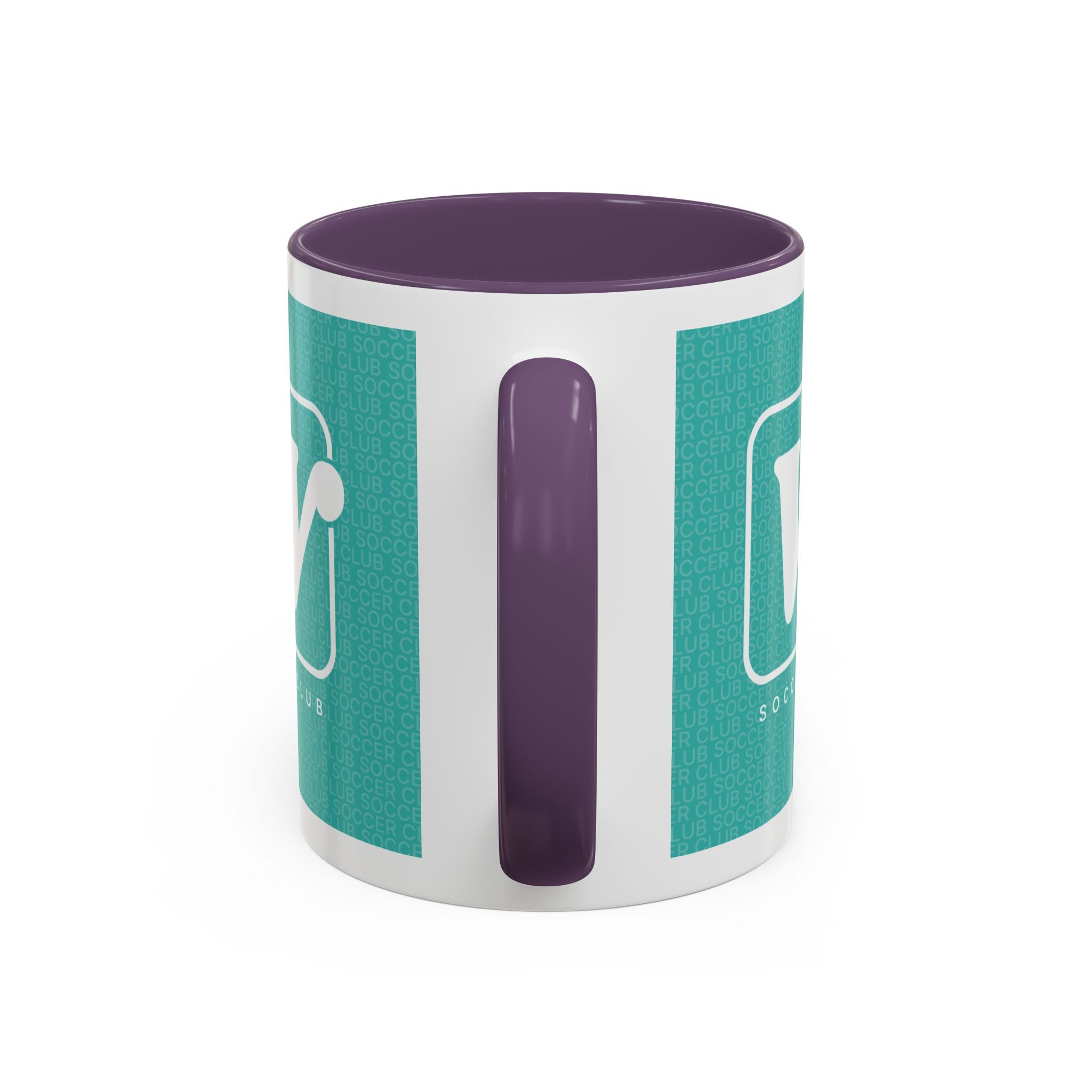 Purple W Soccer Club ceramic accent mug, with a teal wraparound soccer club design and the bold 'W' logo 