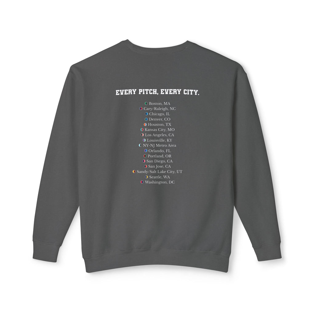 Pepper sweatshirt with Take Over chest logo on the front and cities list on the back 
