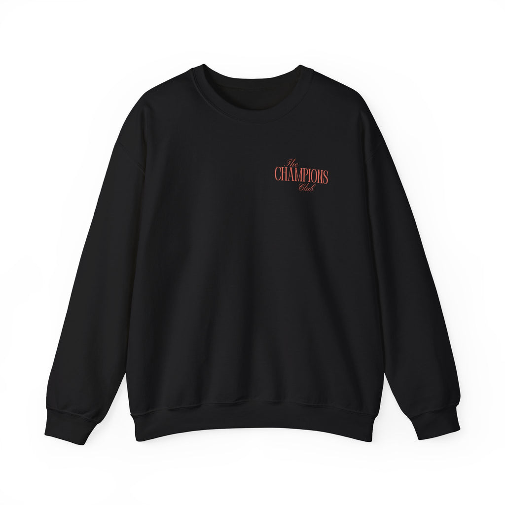 Black sweatshirt with The Champions Club pocket logo on the front