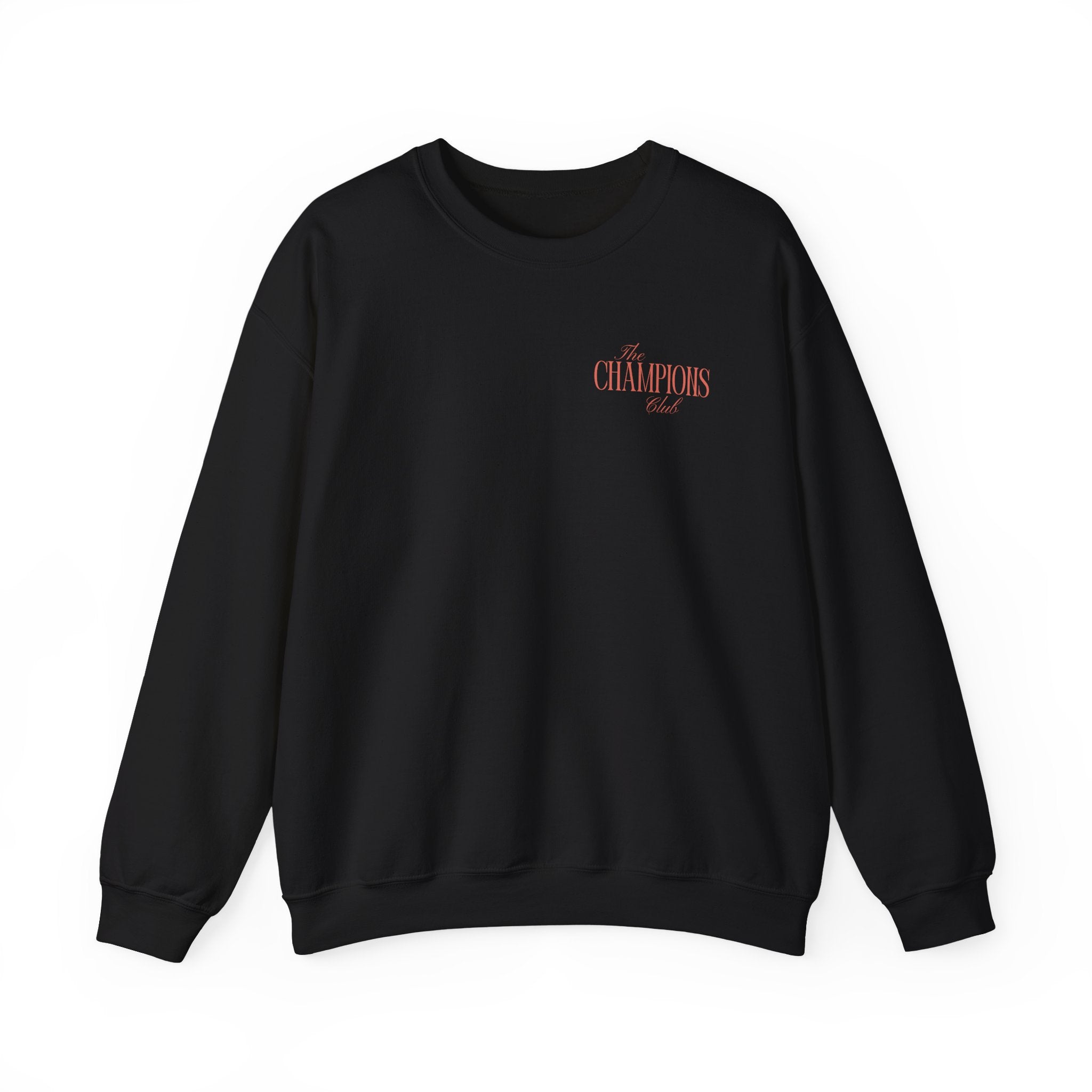 Black sweatshirt with The Champions Club pocket logo on the front