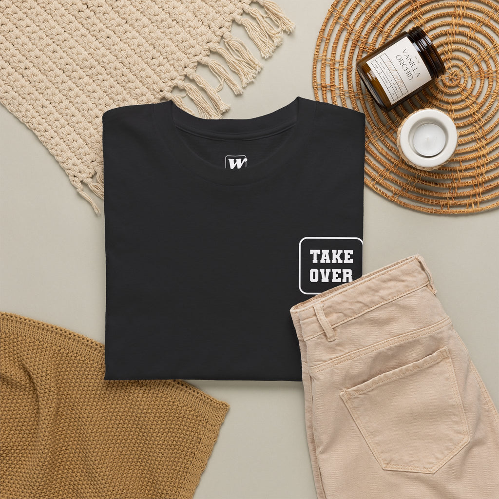 Black Take Over Every City Pro League T-Shirt flat lay on a solid background.