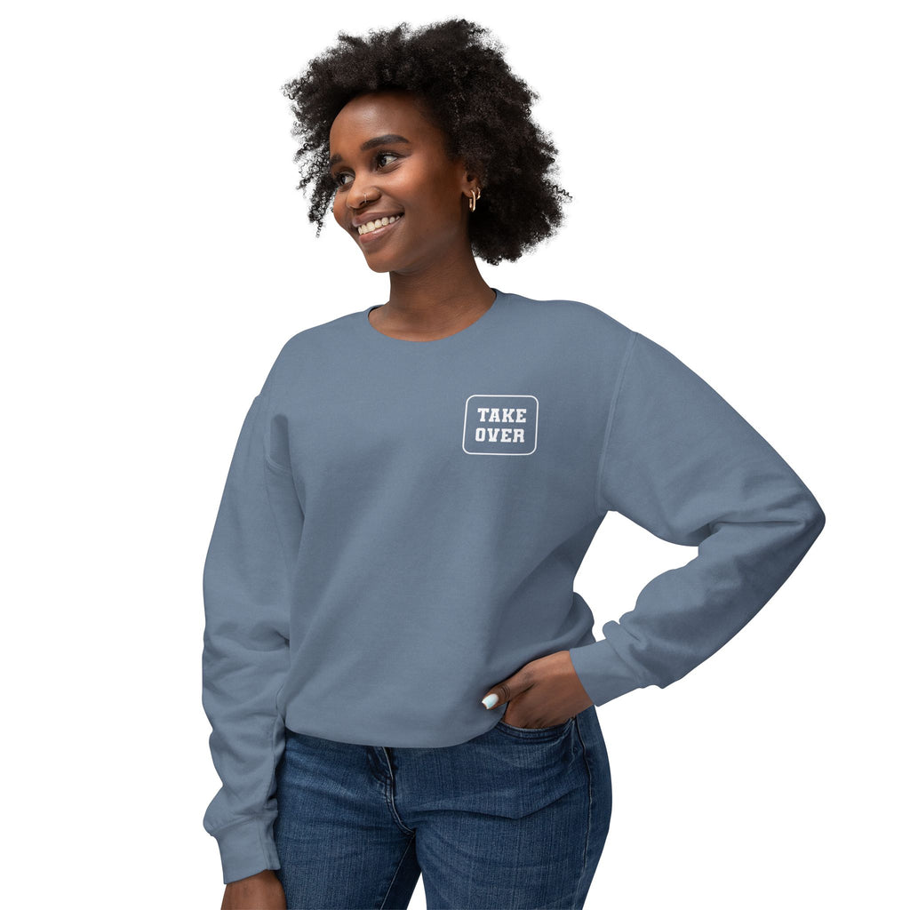 Blue Jean sweatshirt with Take Over chest logo on the front and cities list on the back 
