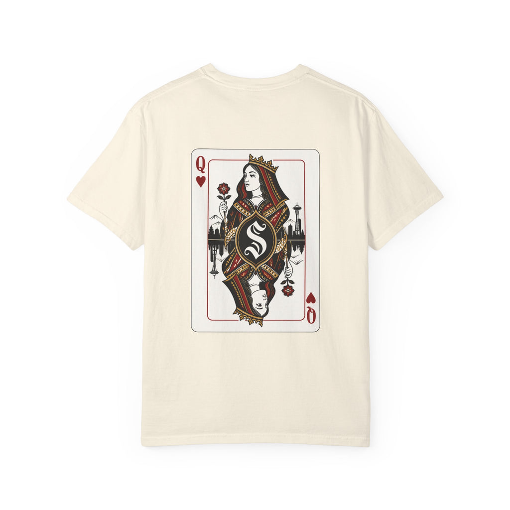 Ivory heavyweight garment-dyed t-shirt back view featuring a large custom Queen of Hearts playing card graphic with a Seattle skyline silhouette.