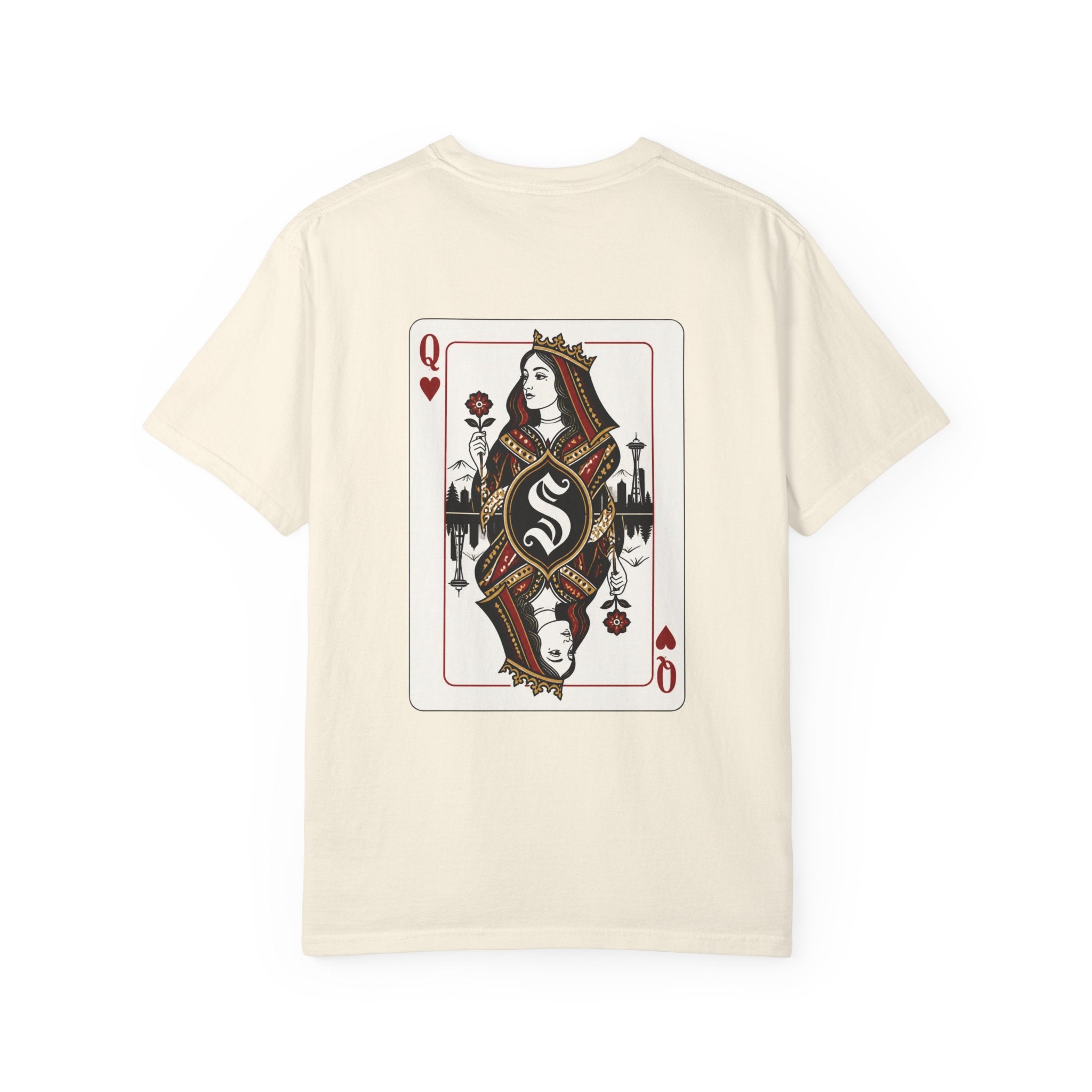 Ivory heavyweight garment-dyed t-shirt back view featuring a large custom Queen of Hearts playing card graphic with a Seattle skyline silhouette.