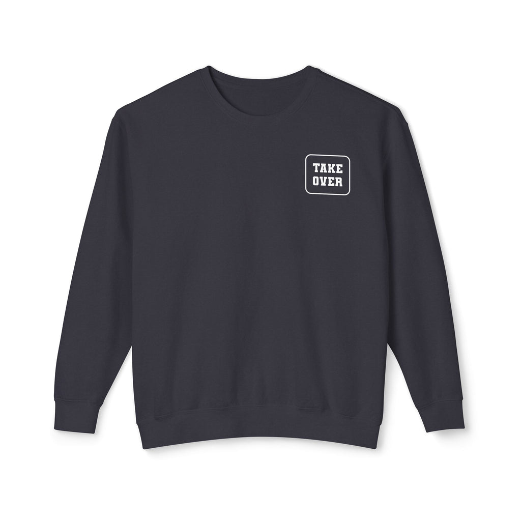Black sweatshirt with Take Over chest logo on the front and cities list on the back