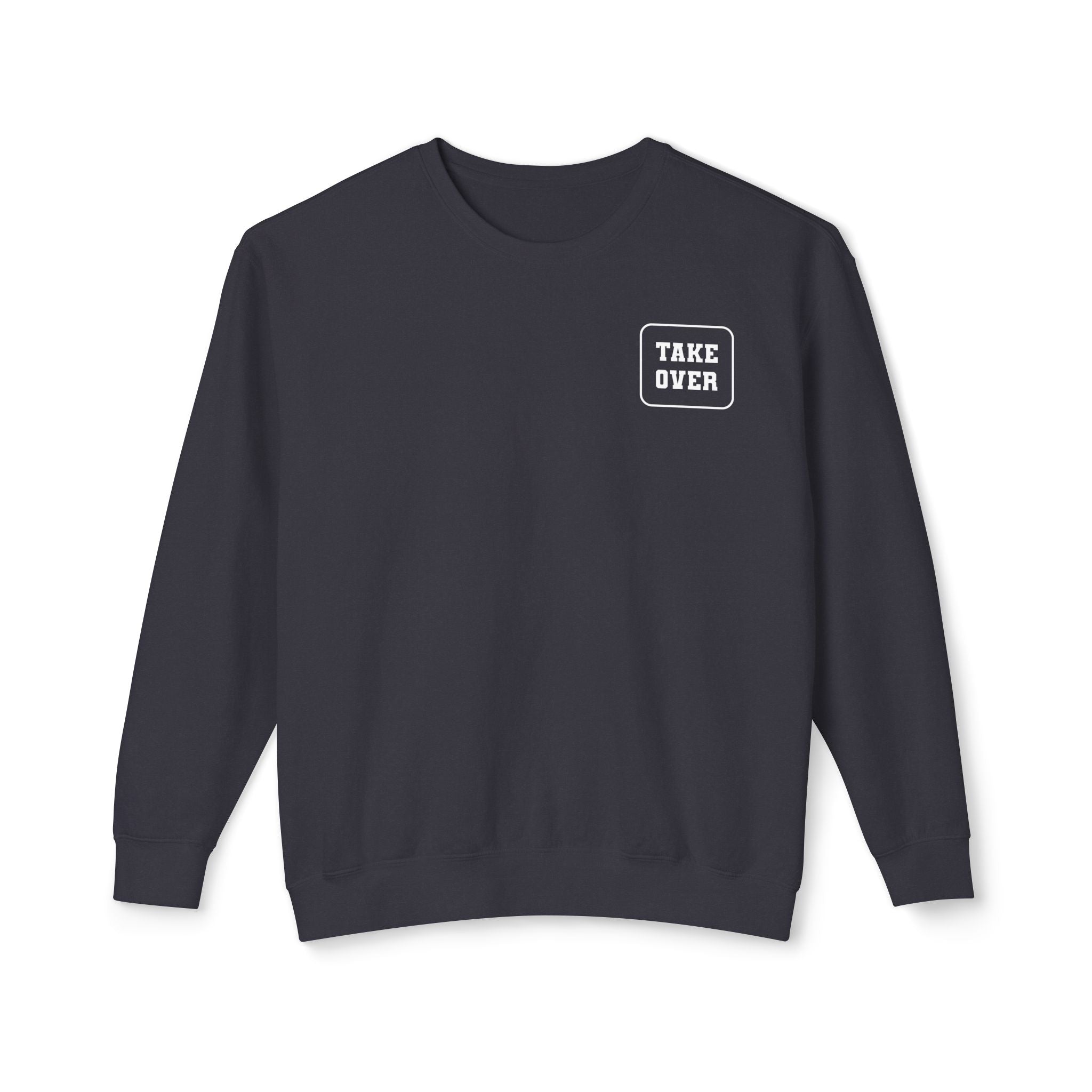 Black sweatshirt with Take Over chest logo on the front and cities list on the back