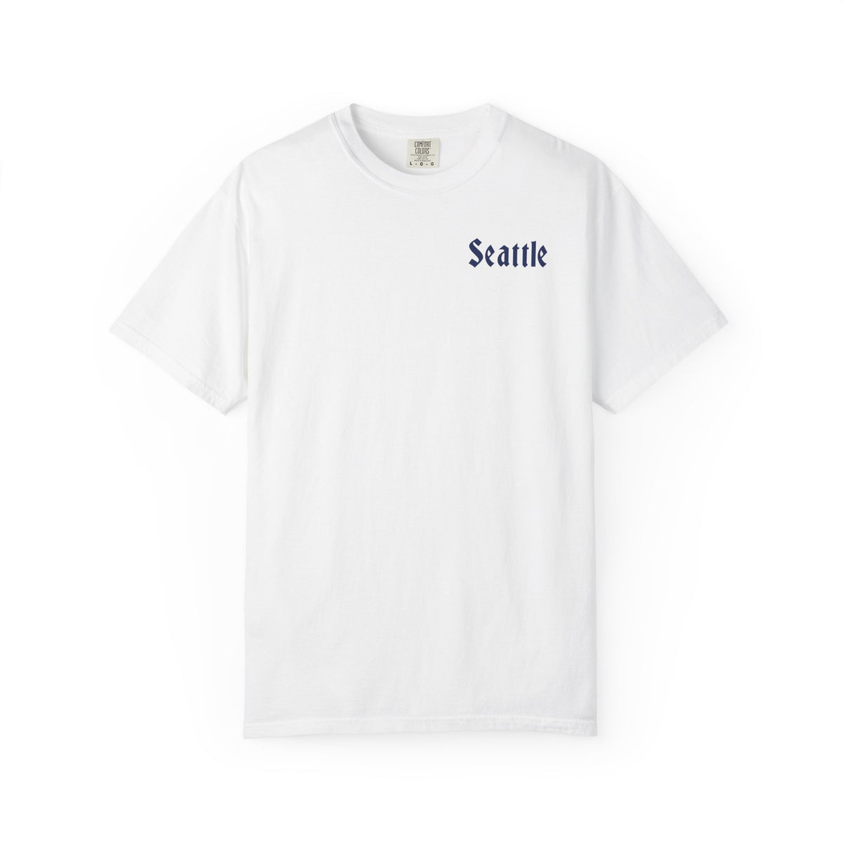 White heavyweight garment-dyed t-shirt front view featuring a minimal "Seattle" script on the left chest.