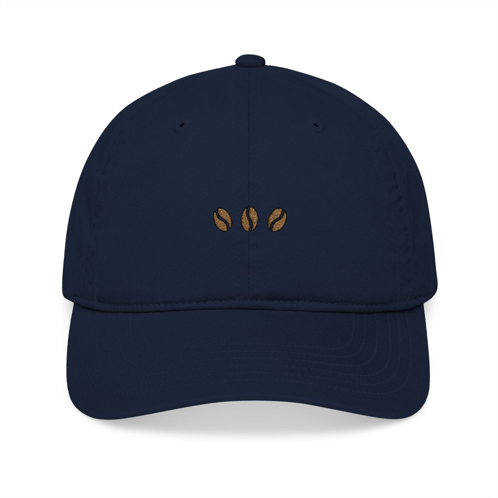 Pacific unstructured beige baseball cap with three embroidered coffee beans across the front