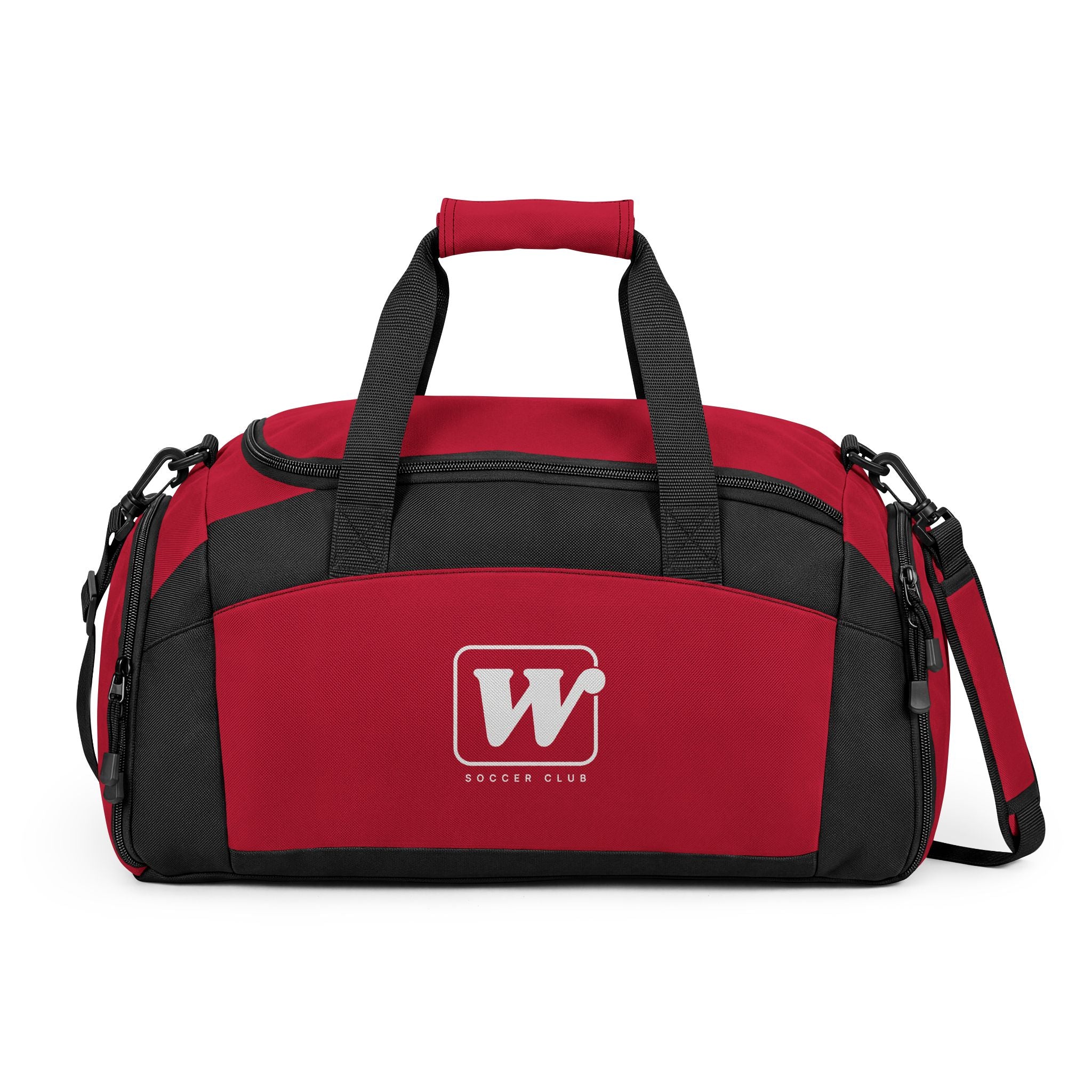 Red WSC branded athletic duffle bag featuring a large white logo print, separate ventilated shoe compartment, and water-resistant fabric