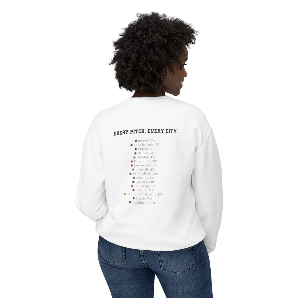 White sweatshirt with Take Over chest logo on the front and cities list on the back