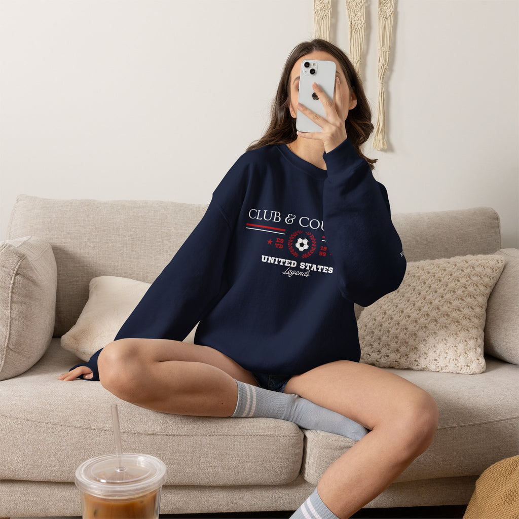 Navy blue Club & Country oversized crewneck pullover, 90s style preppy soccer apparel