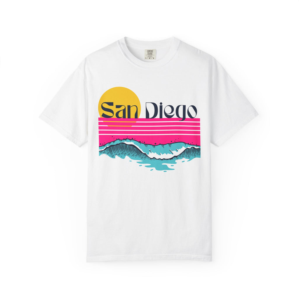 White short-sleeve crewneck t-shirt featuring a retro-style sunset and ocean waves graphic with the text 'San Diego' across the chest