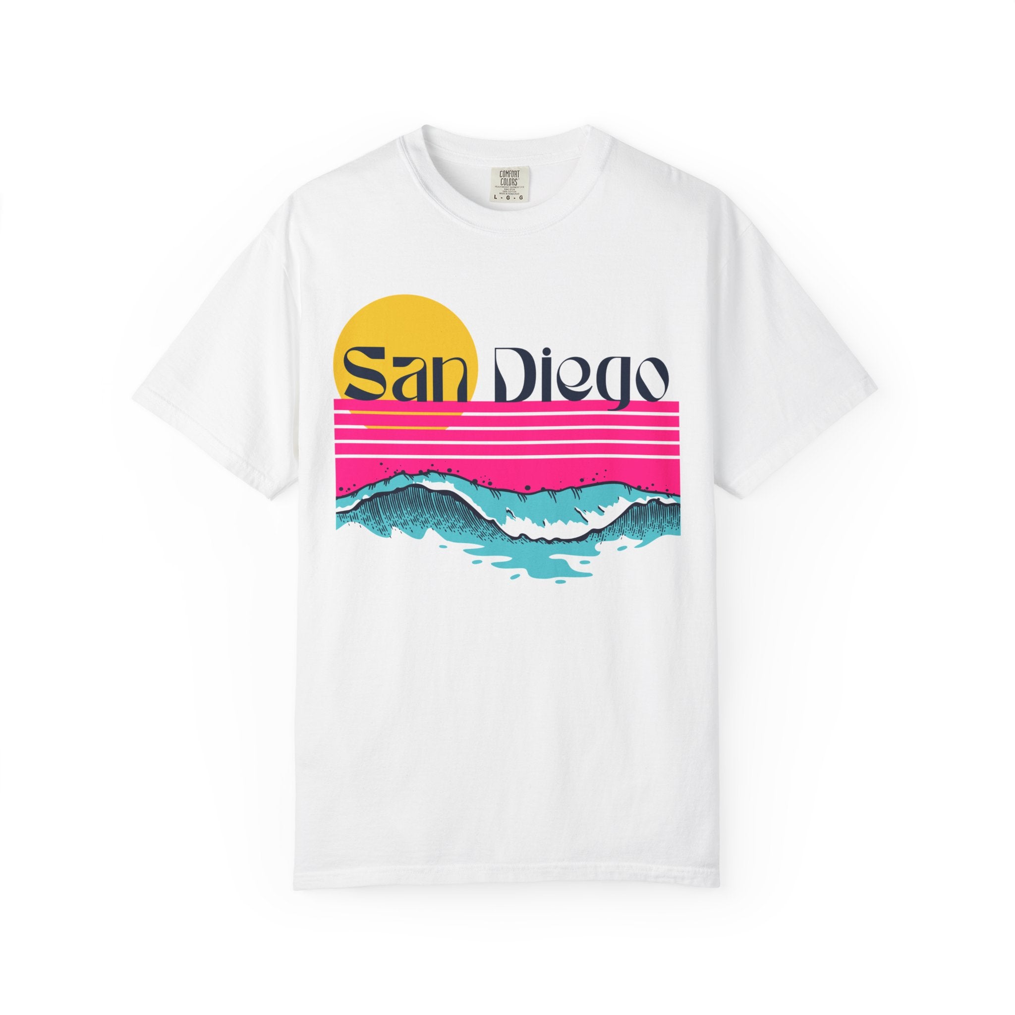 White short-sleeve crewneck t-shirt featuring a retro-style sunset and ocean waves graphic with the text 'San Diego' across the chest
