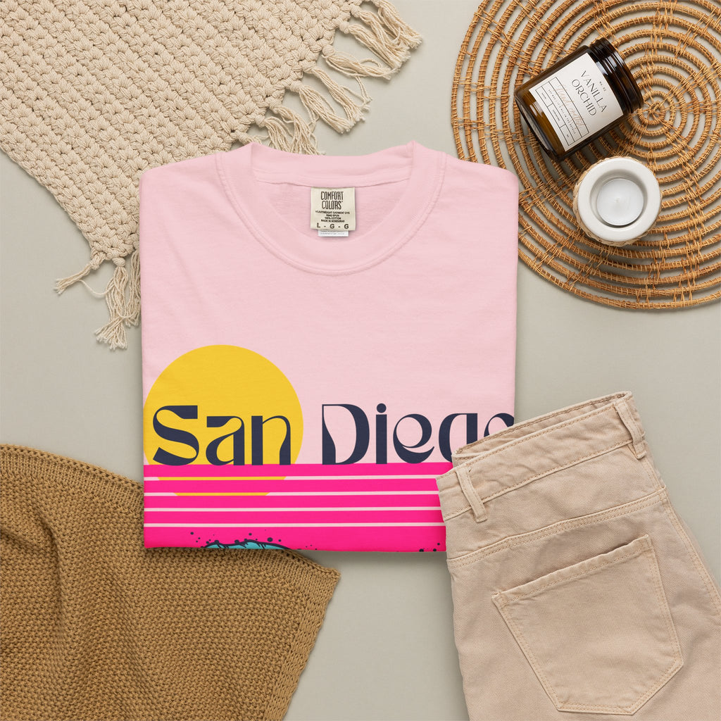 Blossom short-sleeve crewneck t-shirt featuring a retro-style sunset and ocean waves graphic with the text 'San Diego' across the chest