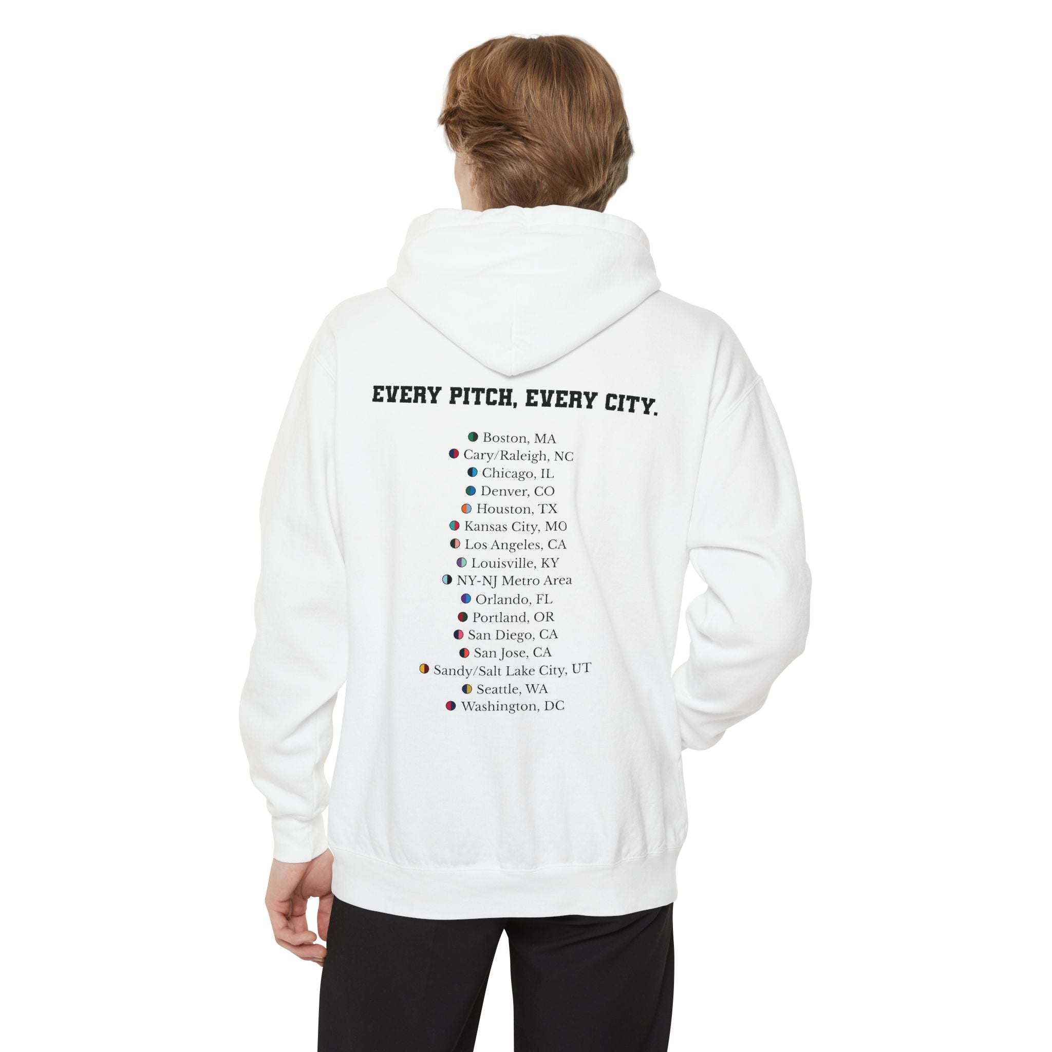 White hoodie with chest logo on the front and list of cities on the back
