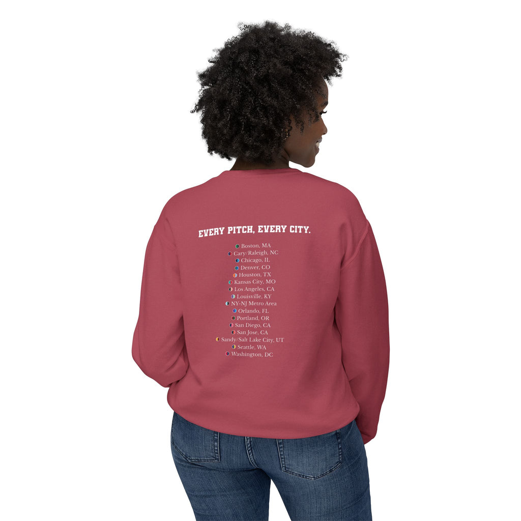 Crimson sweatshirt with Take Over chest logo on the front and cities list on the back  