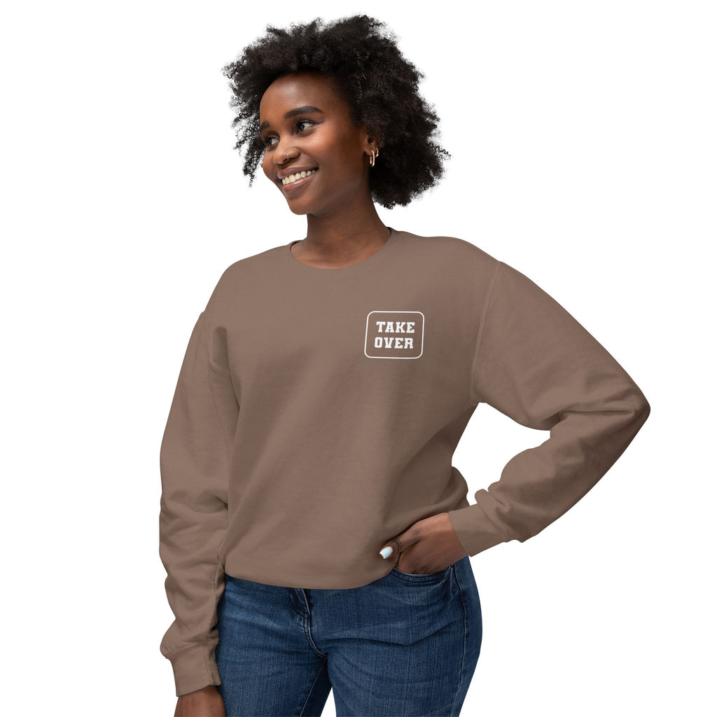 Espresso sweatshirt with Take Over chest logo on the front and cities list on the back 