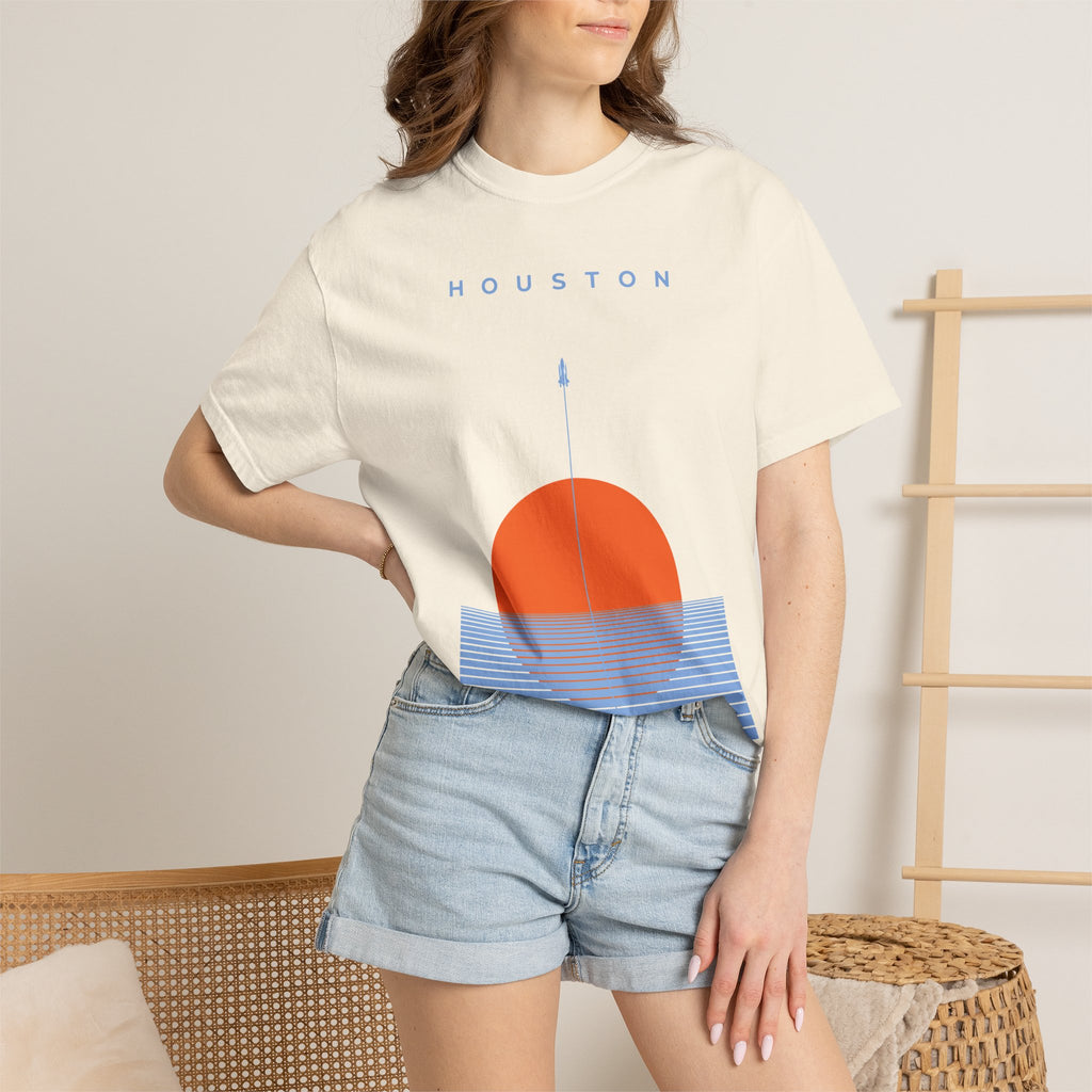 Ivory Houston Space City Sunset Soccer Graphic Tee being worn on a model