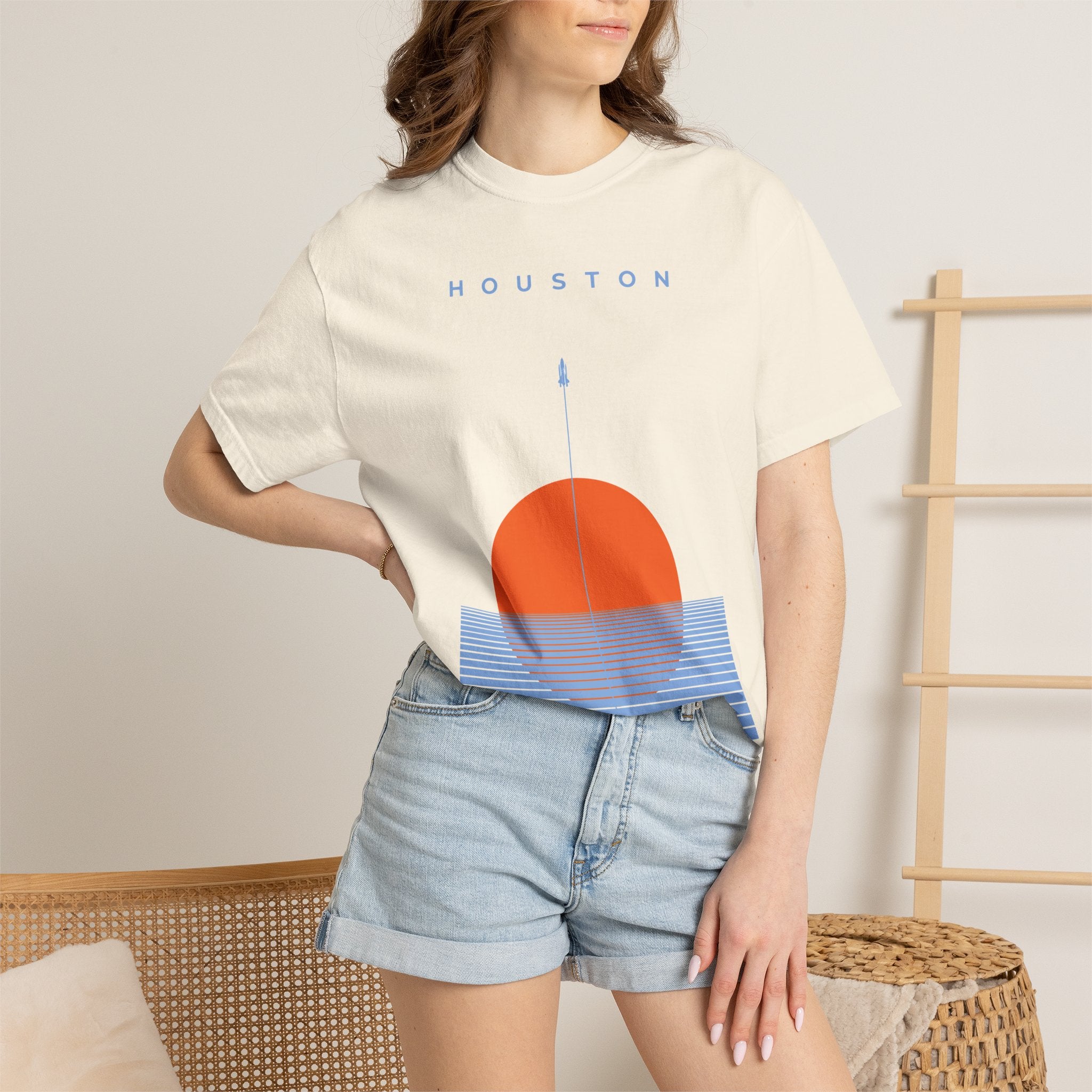 Ivory Houston Space City Sunset Soccer Graphic Tee being worn on a model
