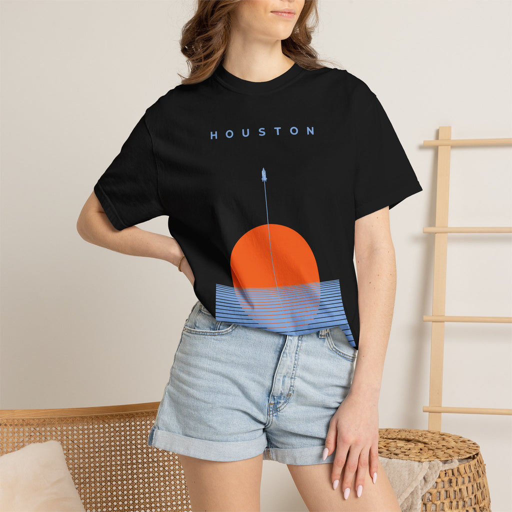 Black Houston Space City Sunset Soccer Graphic Tee with sunset design being worn on model