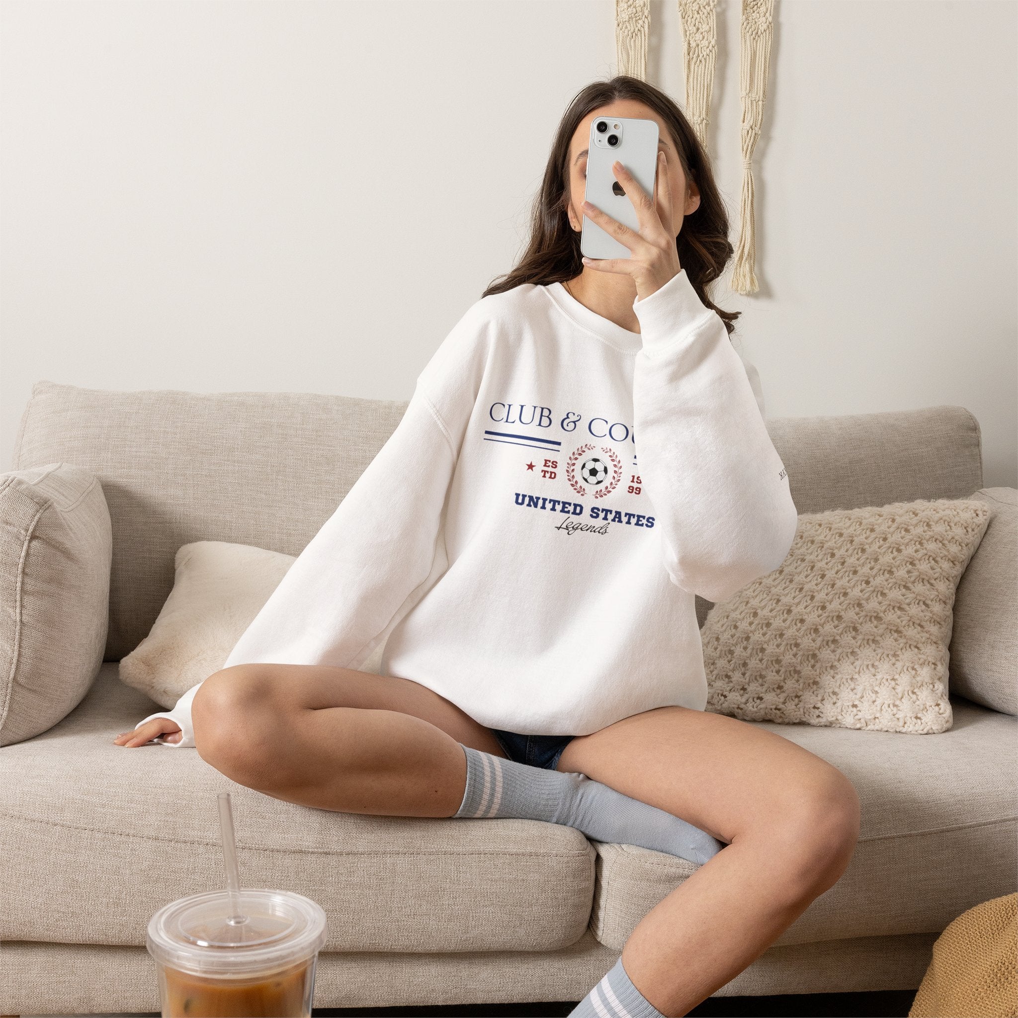 White Club & Country oversized crewneck pullover, 90s style preppy soccer apparel