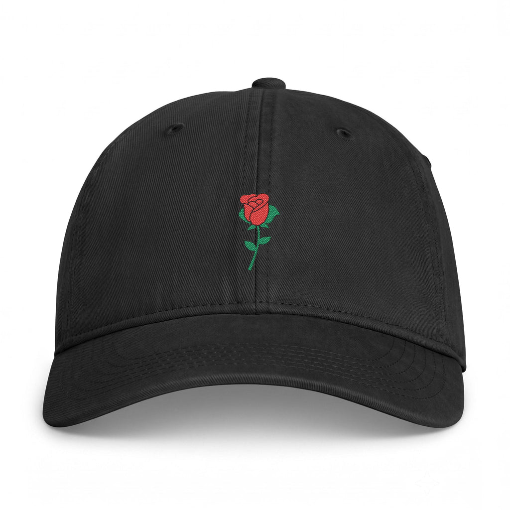 Black Nutmeg Duchess rose graphic dad hat featuring a vintage style embroidered red rose motif and classic fit