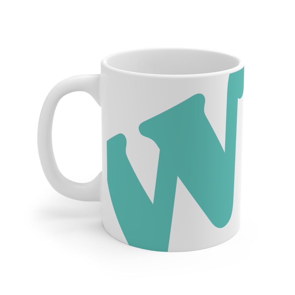 White ceramic coffee mug with teal W soccer club logo printed on the side from the WSC collection
