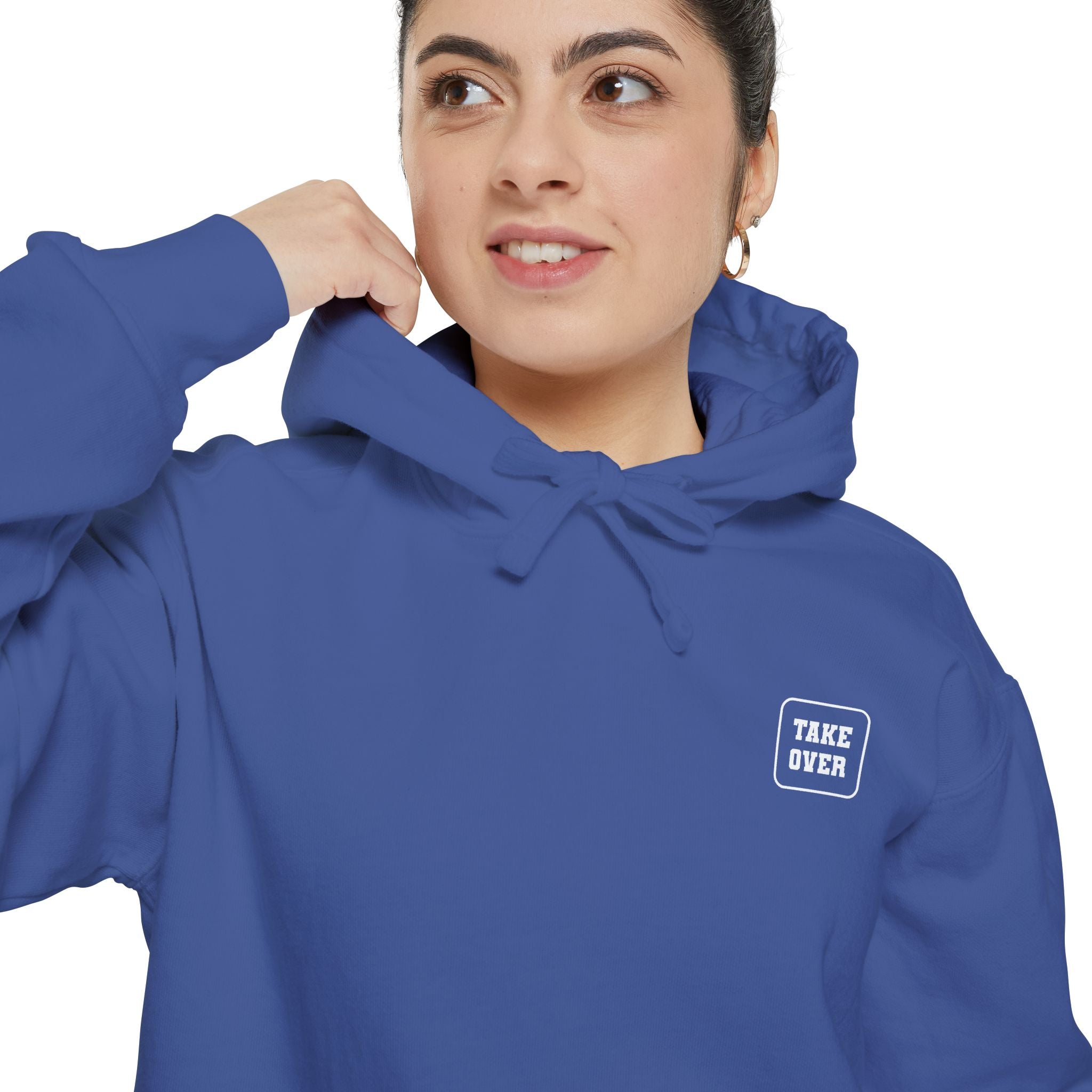 Flo Blue hoodie with chest logo on the front and list of cities on the back