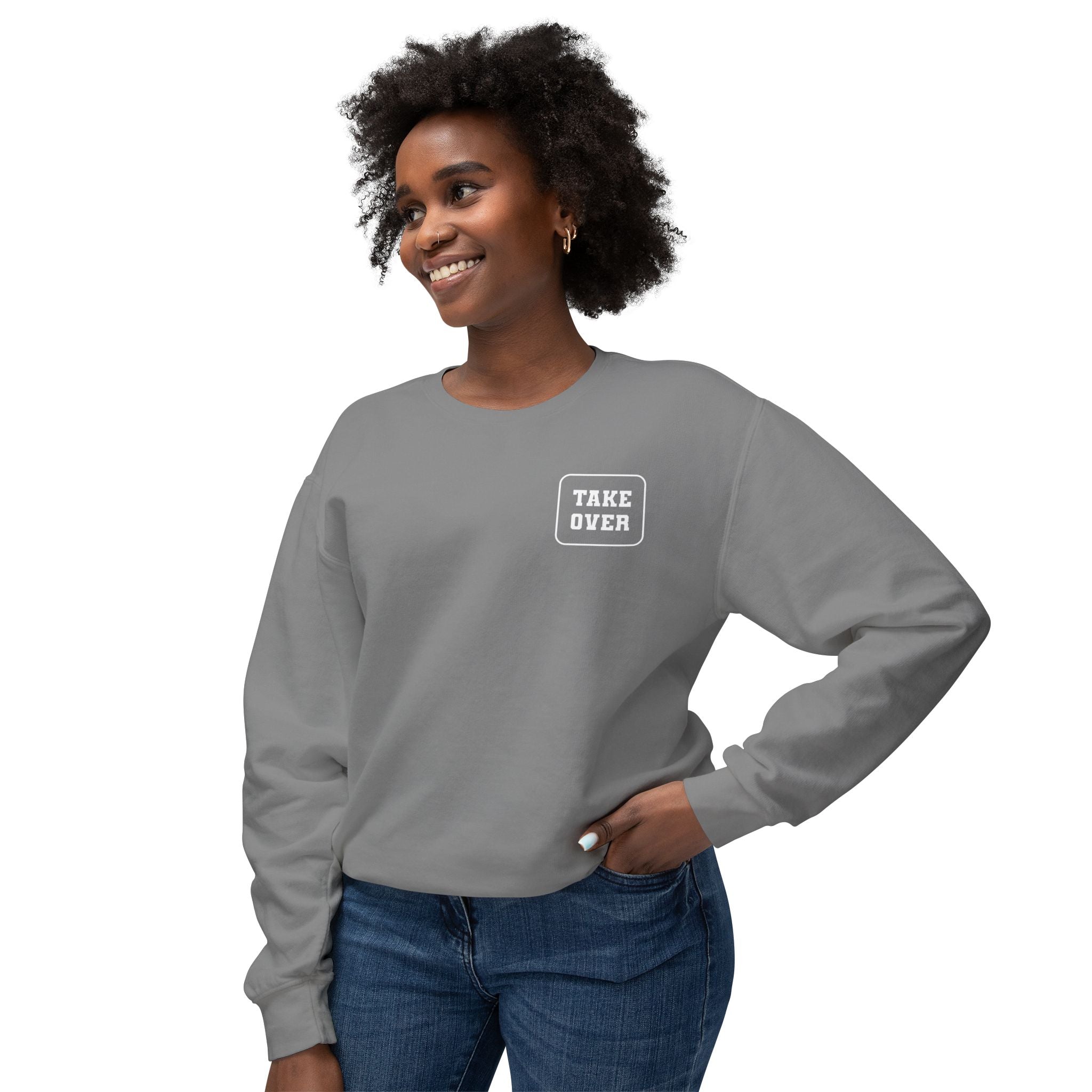 Grey sweatshirt with Take Over chest logo on the front and cities list on the back 