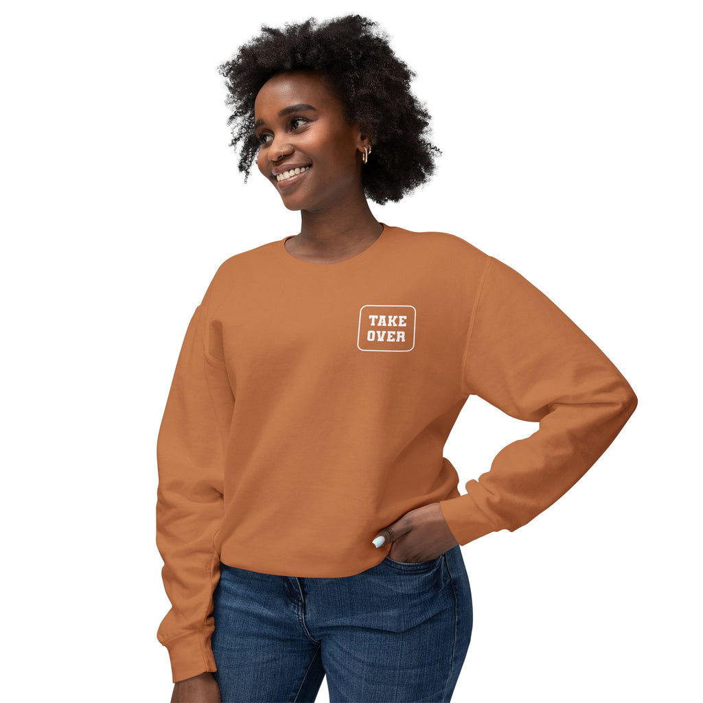 Yam sweatshirt with Take Over chest logo on the front and cities list on the back