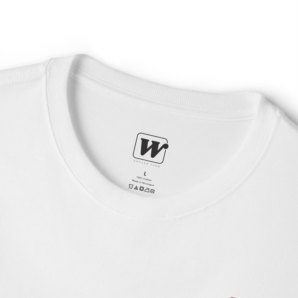 White boxy t-shirt close-up showing the inner neck label with a small W Soccer Club logo.