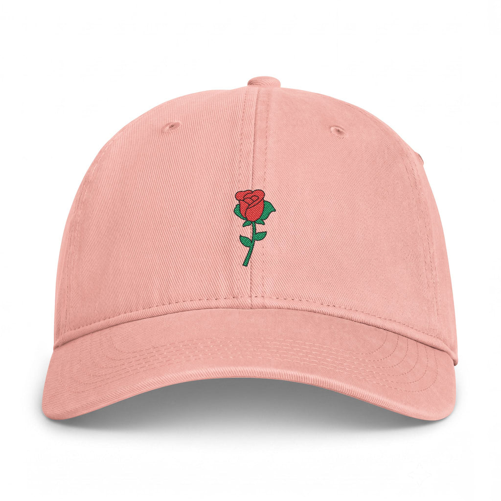 Peachy Nutmeg Duchess rose graphic dad hat featuring a vintage style embroidered red rose motif and classic fit