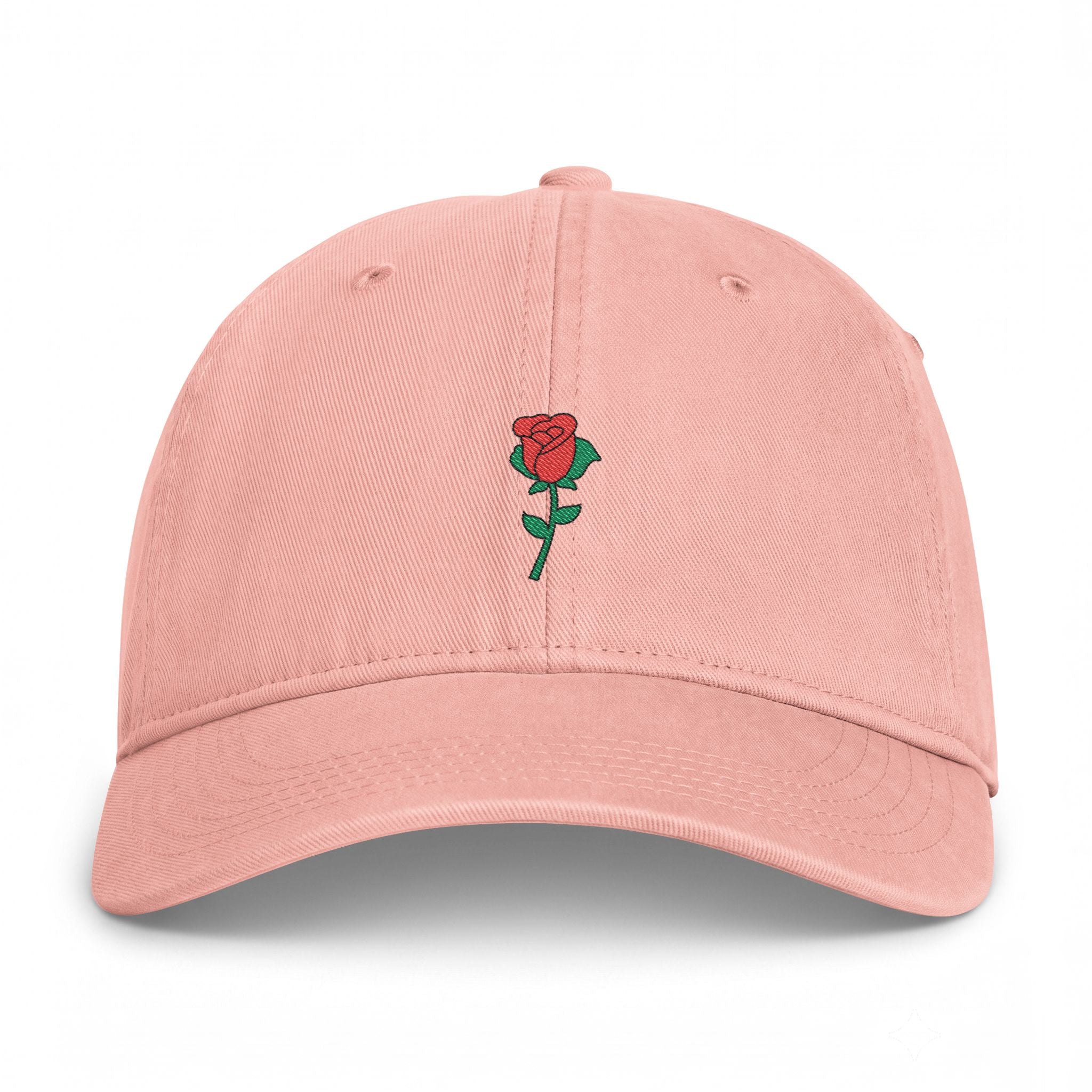 Peachy Nutmeg Duchess rose graphic dad hat featuring a vintage style embroidered red rose motif and classic fit