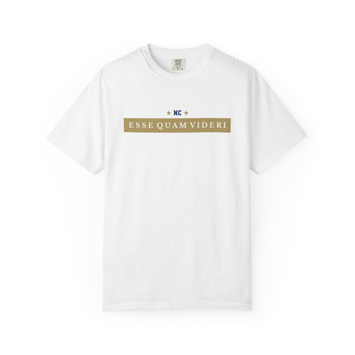 White garment-dyed t-shirt front view featuring 'ESSE QUAM VIDERI' text in a horizontal chest bar.
