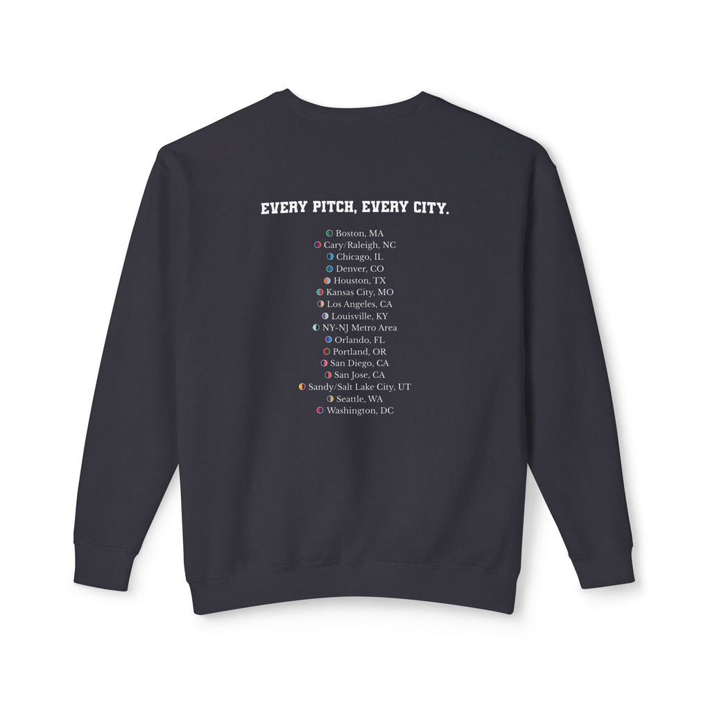 Black sweatshirt with Take Over chest logo on the front and cities list on the back