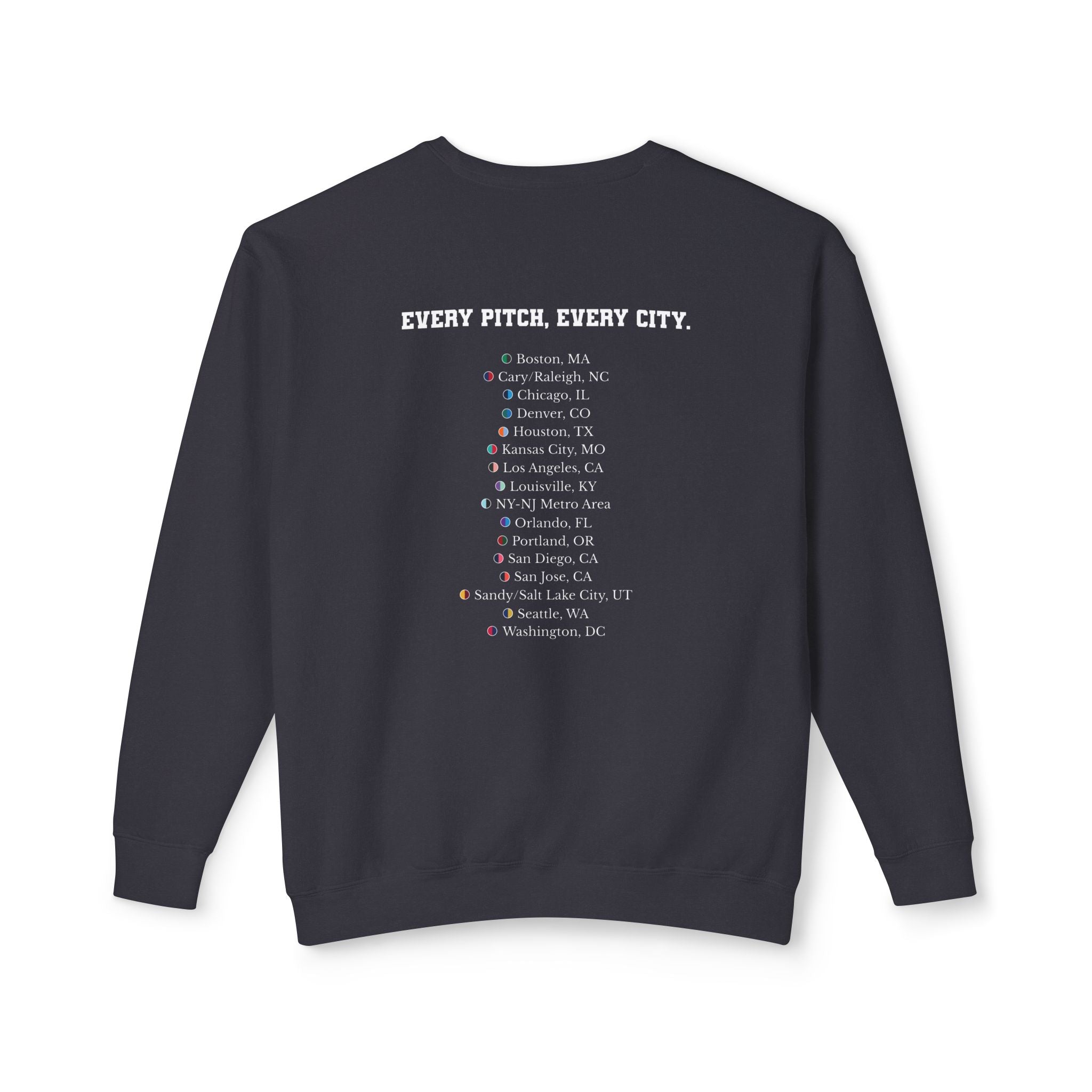 Black sweatshirt with Take Over chest logo on the front and cities list on the back