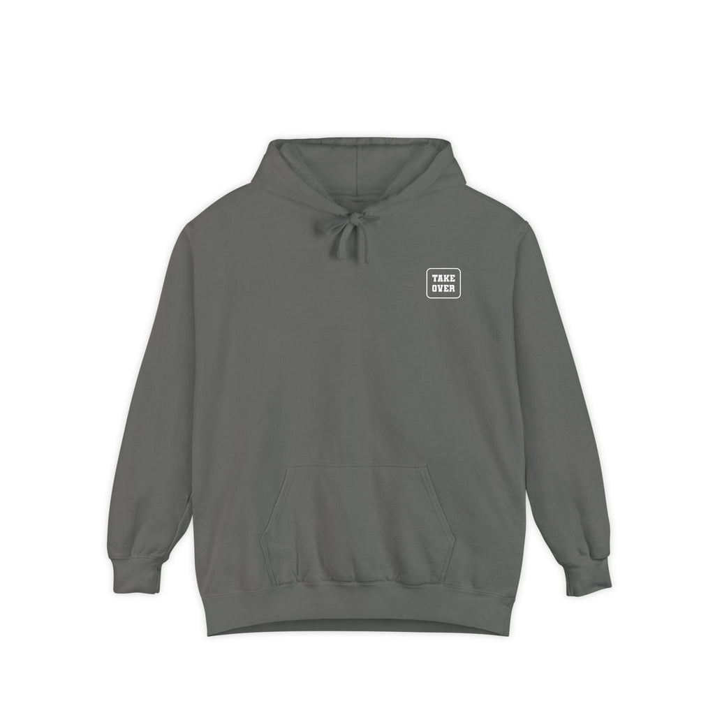 Grey hoodie with chest logo on the front and list of cities on the back