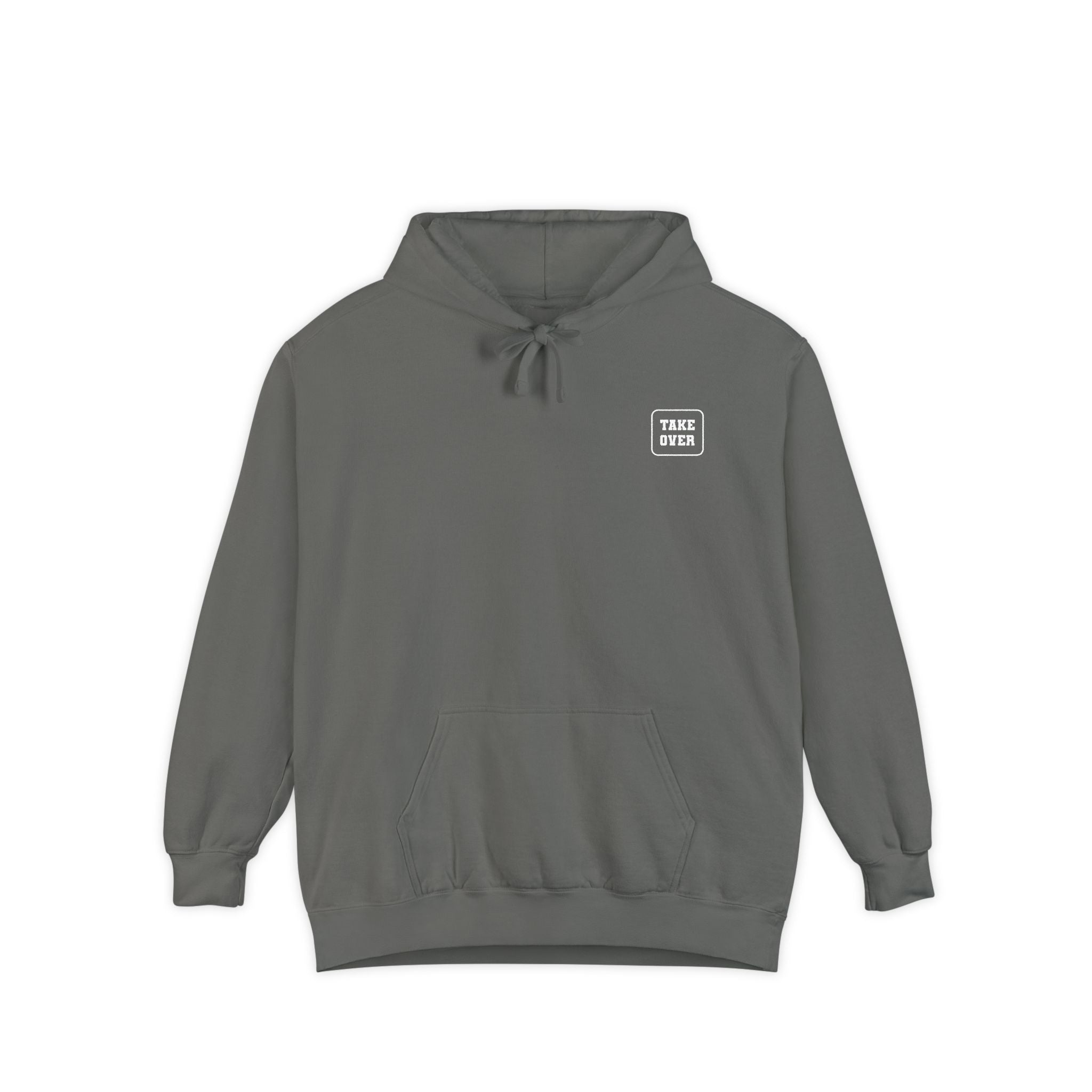 Grey hoodie with chest logo on the front and list of cities on the back