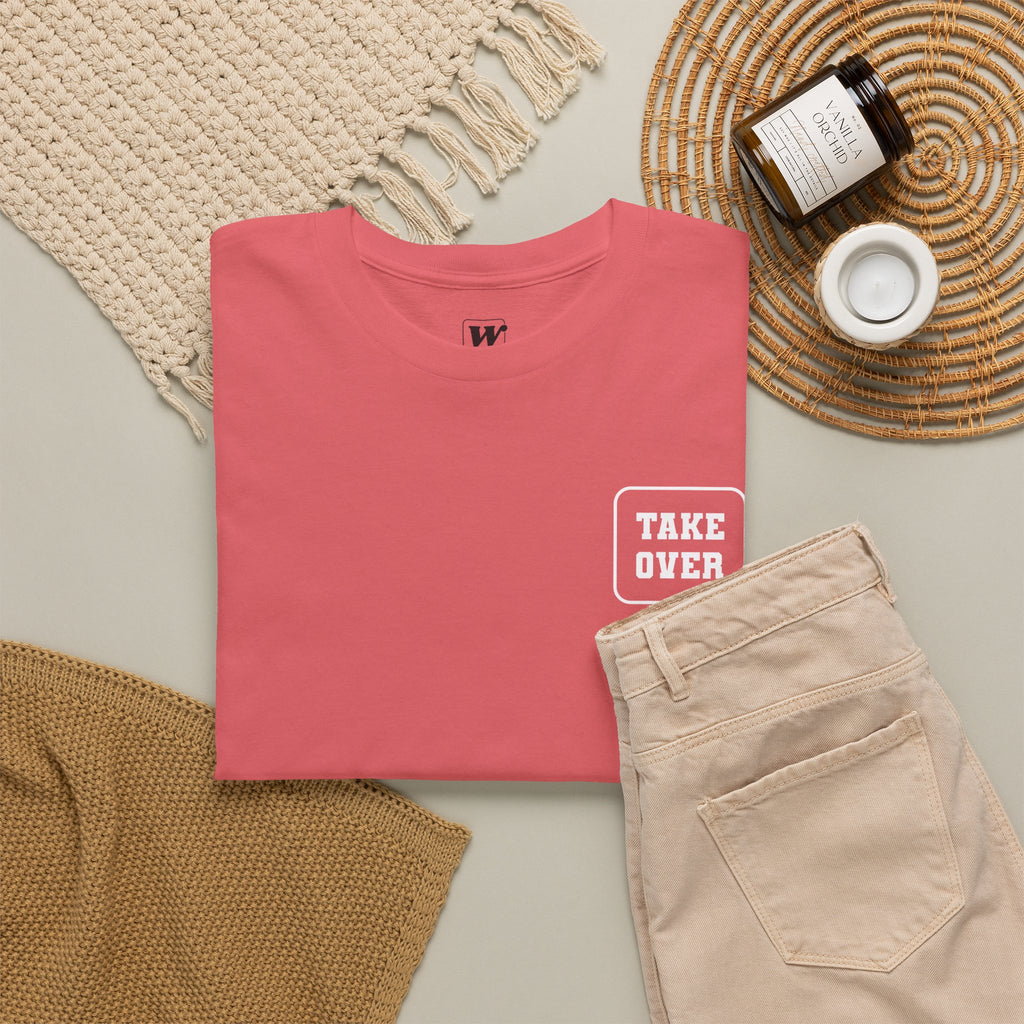 Coral Silk Take Over Every City Pro League T-Shirt flat lay on a solid background.
