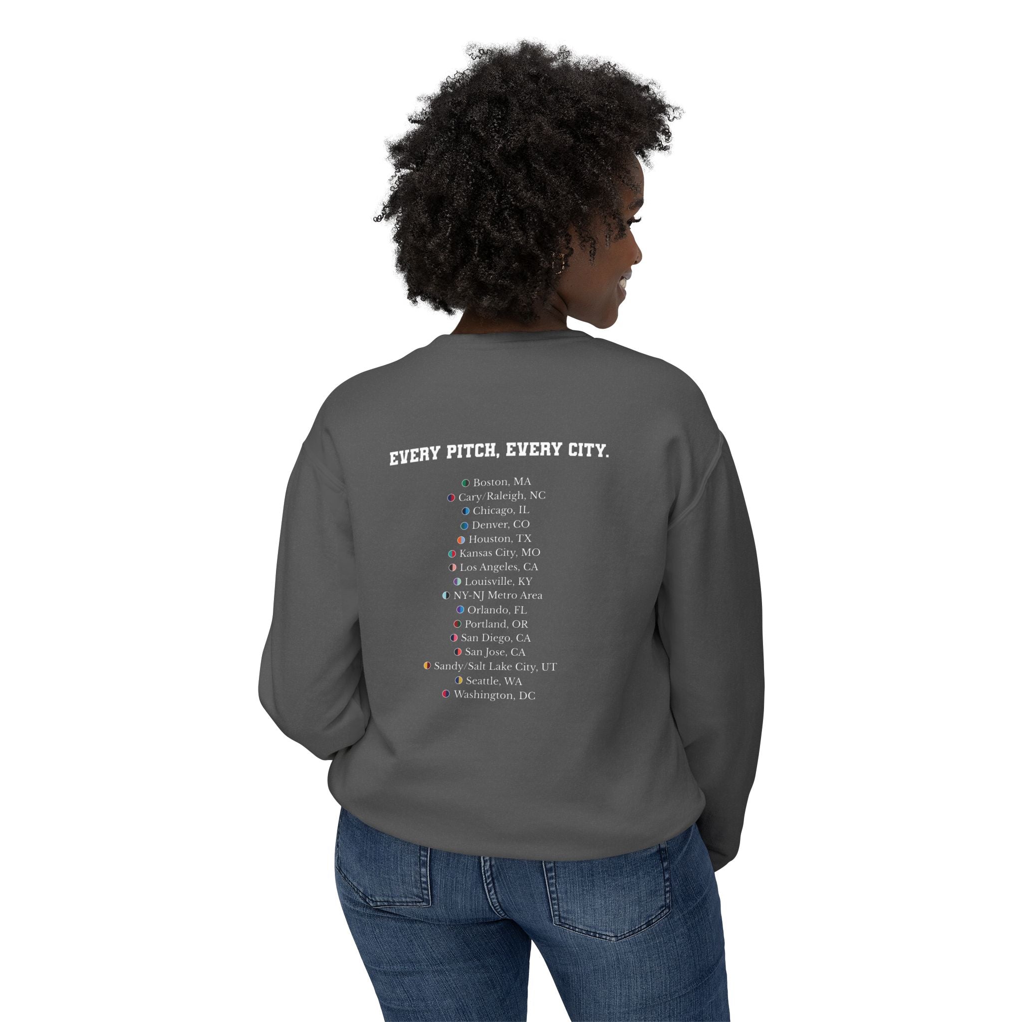 Pepper sweatshirt with Take Over chest logo on the front and cities list on the back 