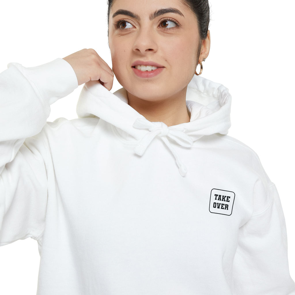 White hoodie with chest logo on the front and list of cities on the back
