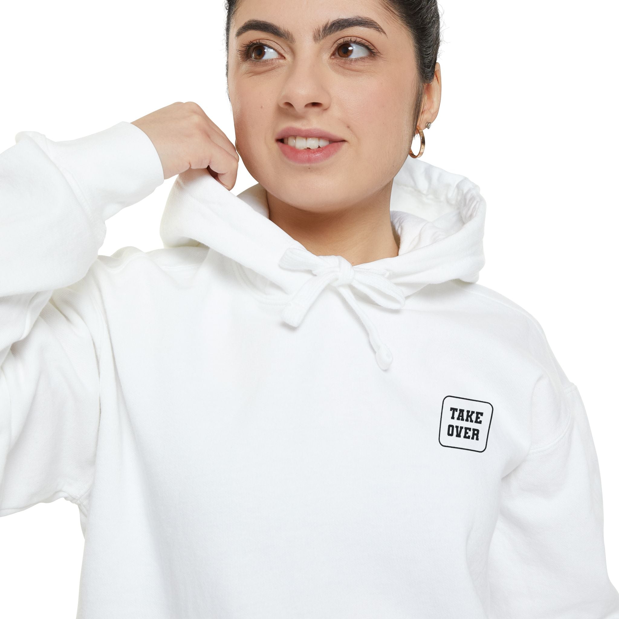 White hoodie with chest logo on the front and list of cities on the back