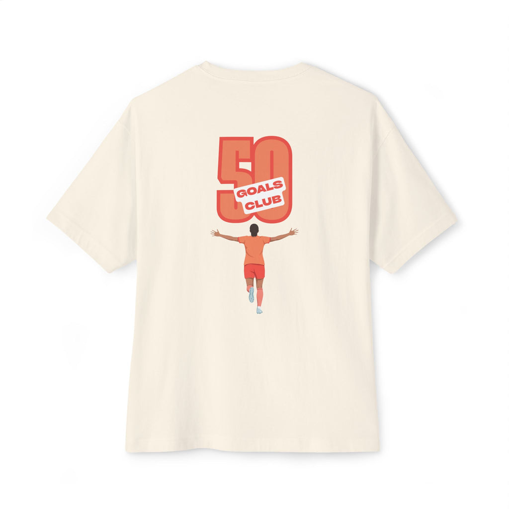 Natural colored 'Elite Company Only' boxy t-shirt featuring a 50 Goals Club graphic print on the back
