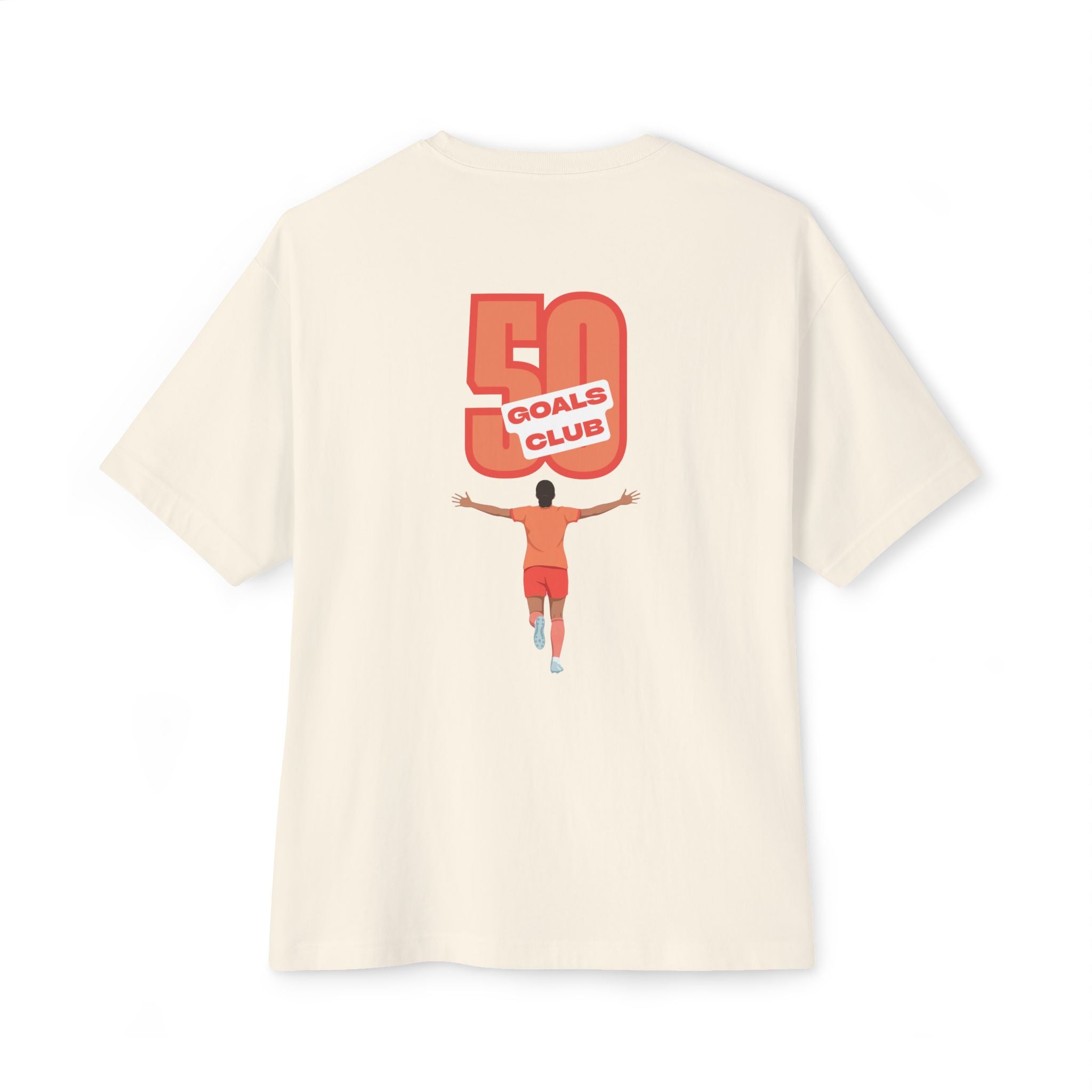 Natural colored 'Elite Company Only' boxy t-shirt featuring a 50 Goals Club graphic print on the back