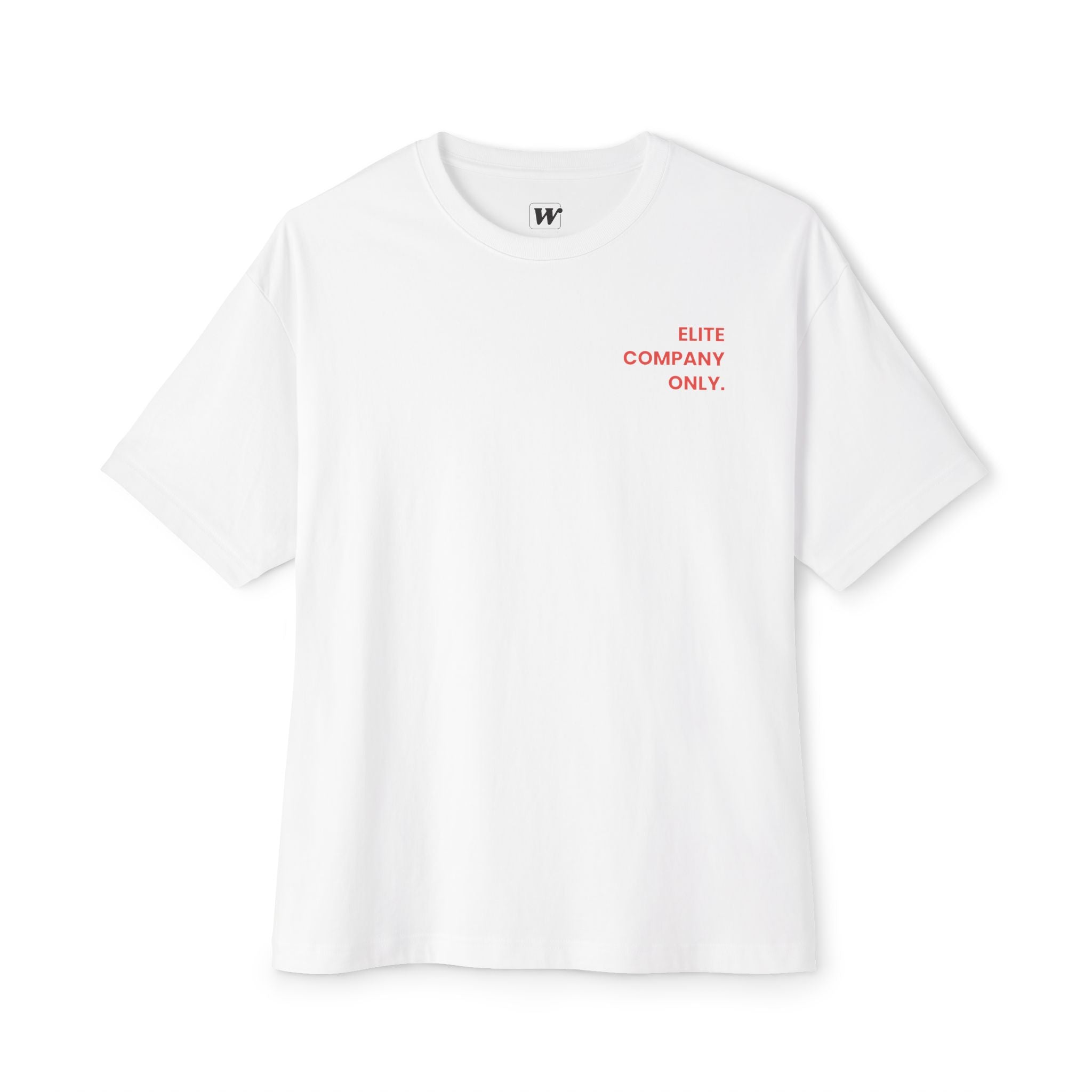White 'Elite Company Only' boxy t-shirt featuring a 50 Goals Club graphic print on the back