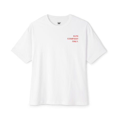 White 'Elite Company Only' boxy t-shirt featuring a 50 Goals Club graphic print on the back
