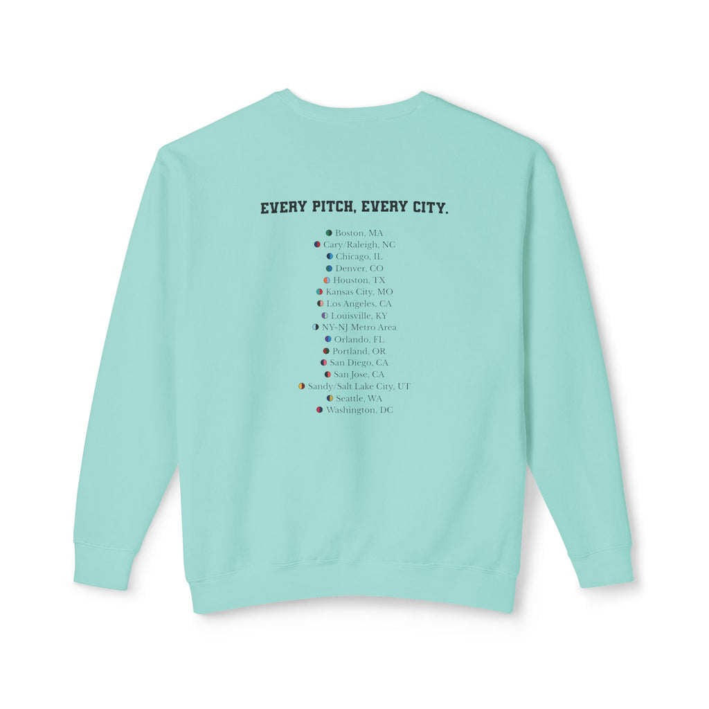 Chalky Mint sweatshirt with Take Over chest logo on the front and cities list on the back 