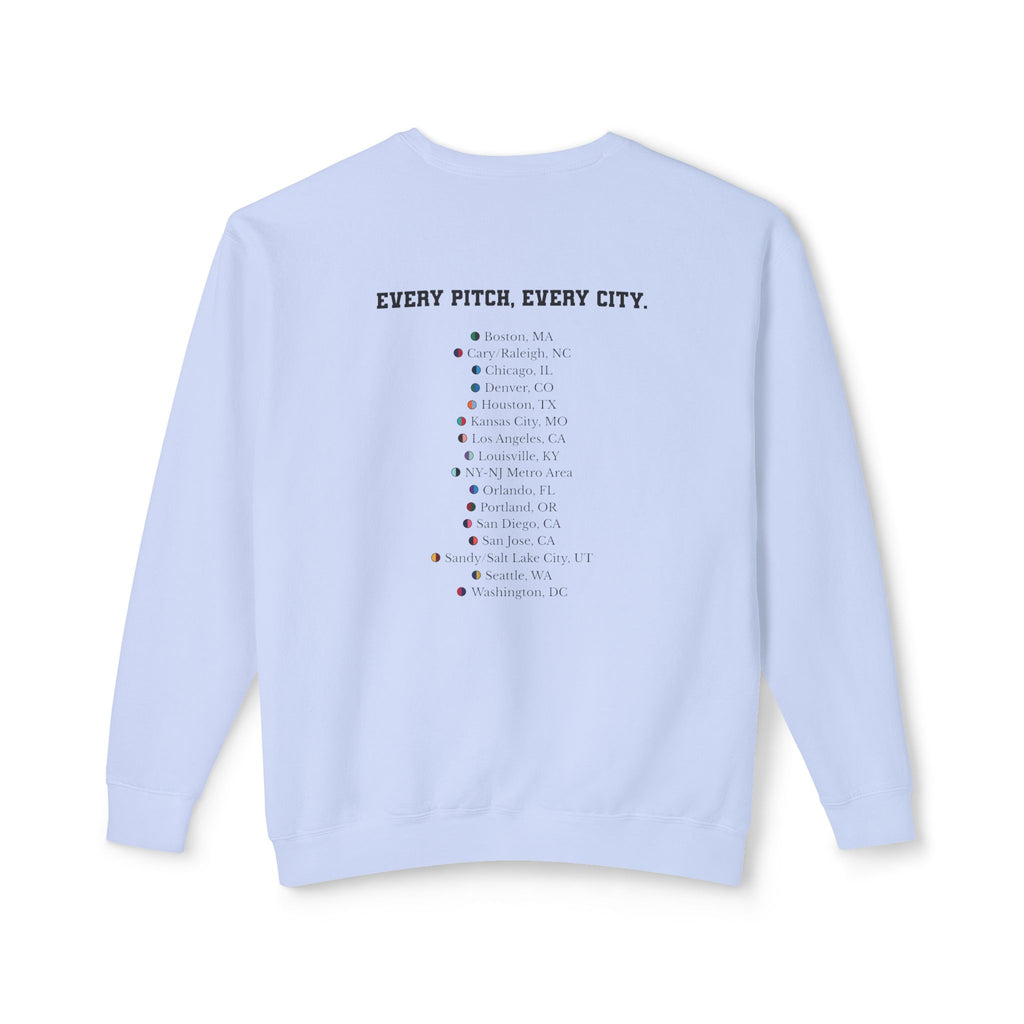 Hydrangea sweatshirt with Take Over chest logo on the front and cities list on the back 