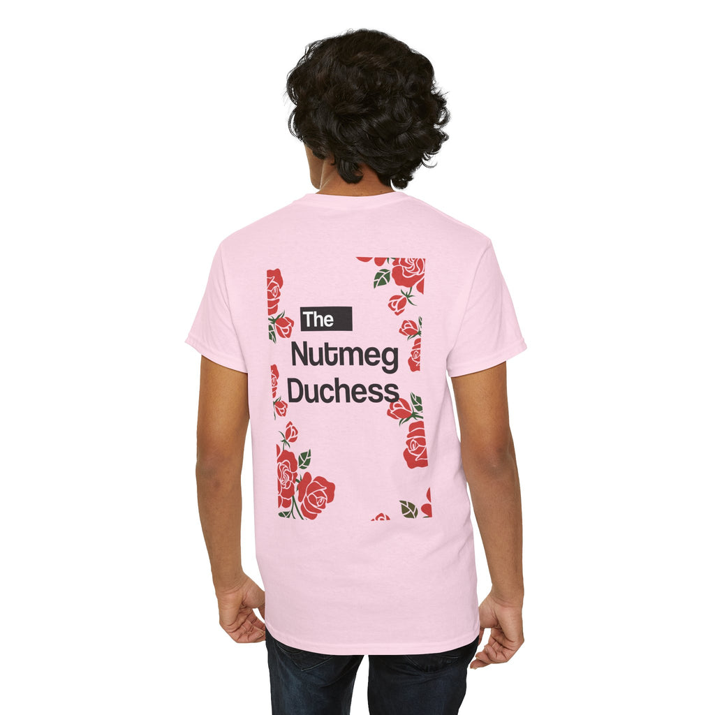 Light Pink Nutmeg Duchess t-shirt with a framed red rose graphic and vintage soccer street style typography
