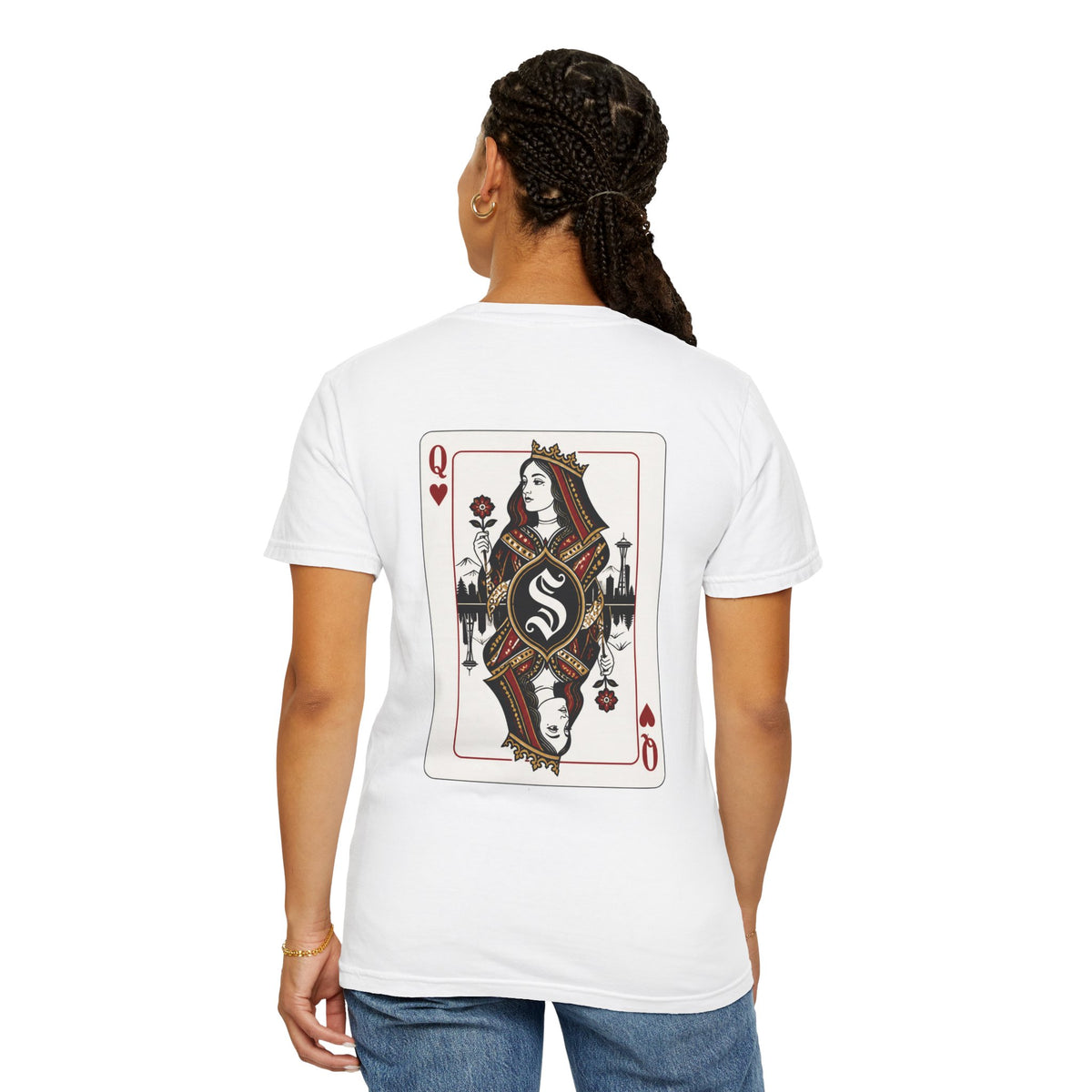 White heavyweight garment-dyed t-shirt back view featuring a large custom Queen of Hearts playing card graphic with a Seattle skyline silhouette.